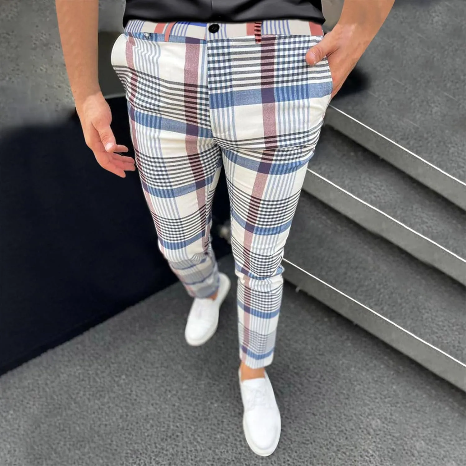 Men's Plaid Pants Regular Fit Elastic Waist Casual Pants Comfortable Tapered Leg Pants with 2 Pockets