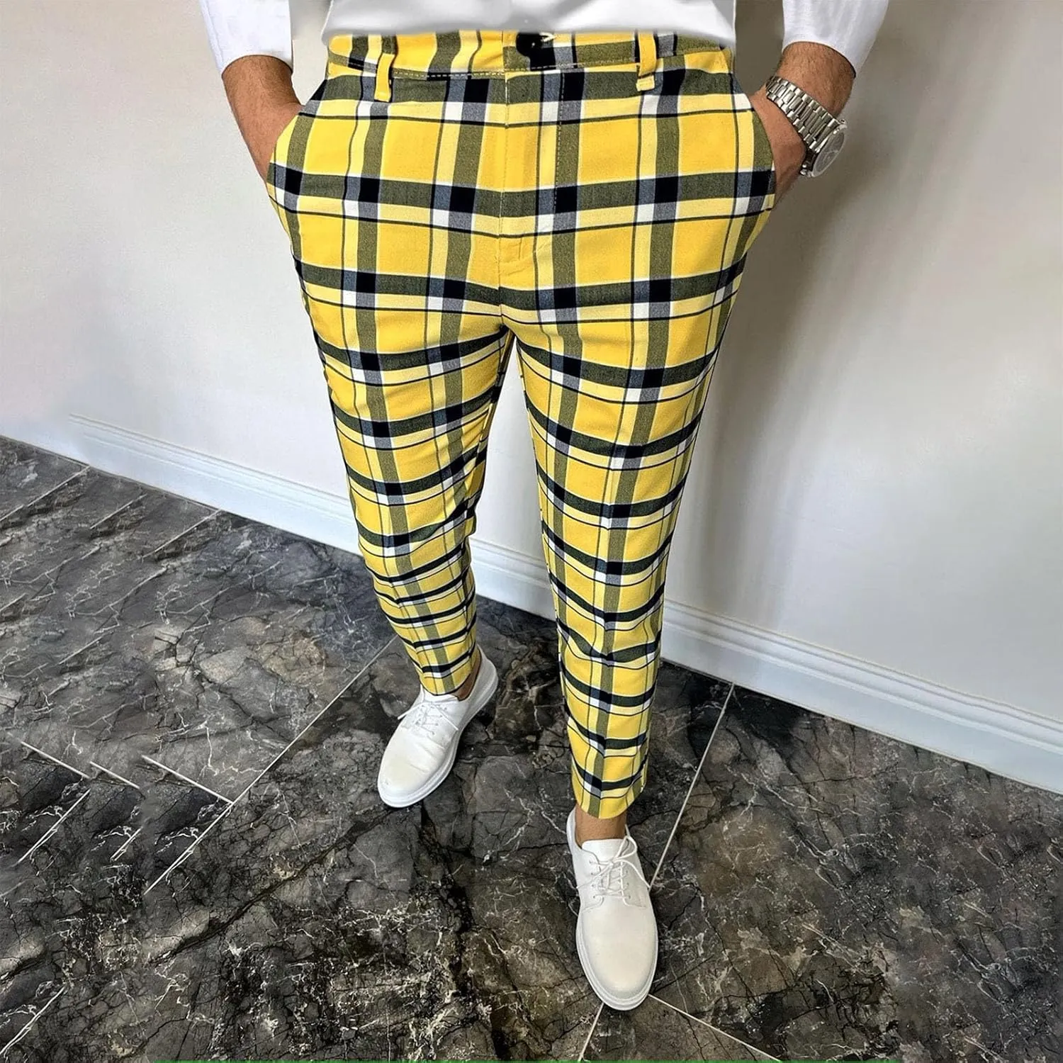 Men's Plaid Pants Regular Fit Elastic Waist Casual Pants Comfortable Tapered Leg Pants with 2 Pockets