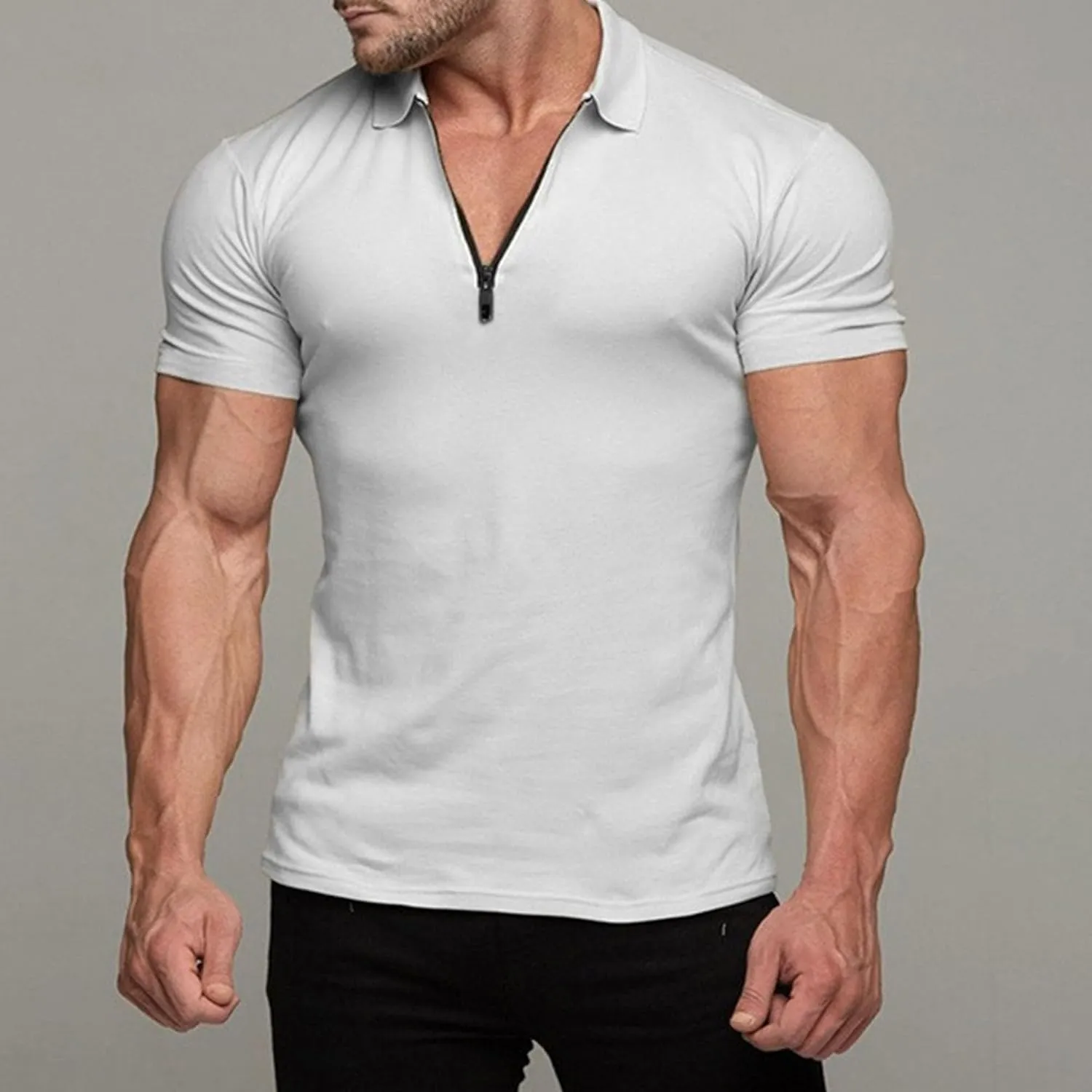 Mens Quarter-Zip V Neck Polo Shirt Basic Cotton Shirt Tops Slim Fit Short Sleeve Athletic T-Shirt Henley Shirt