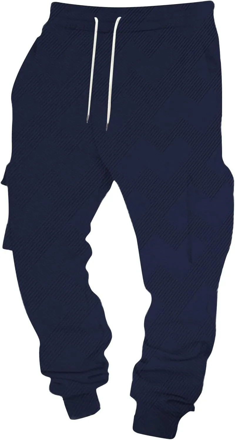 Men's Running Cargo Pants Wide Elastic Waist Pants with Multi-Pocket Relaxed Drawstring Comfy Trousers
