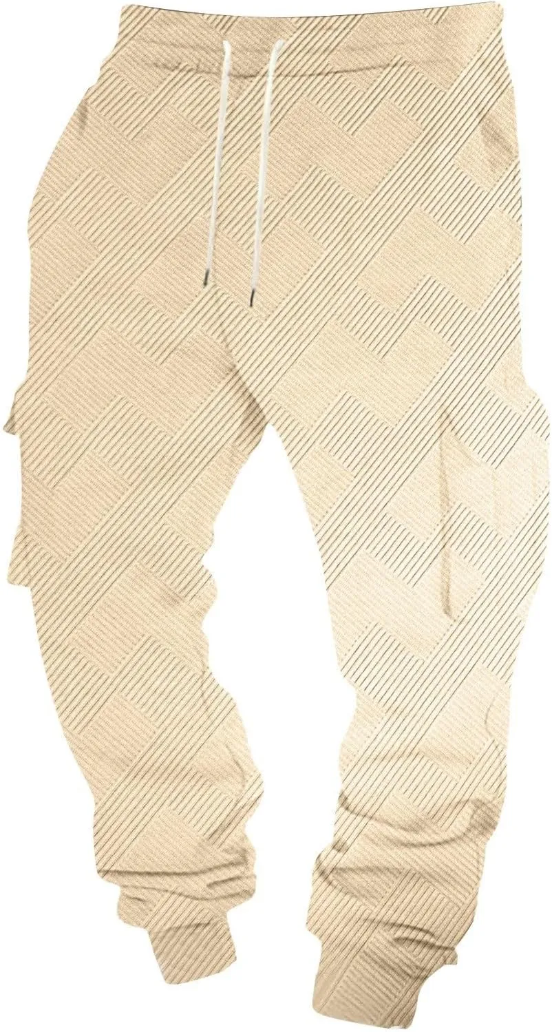 Men's Running Cargo Pants Wide Elastic Waist Pants with Multi-Pocket Relaxed Drawstring Comfy Trousers
