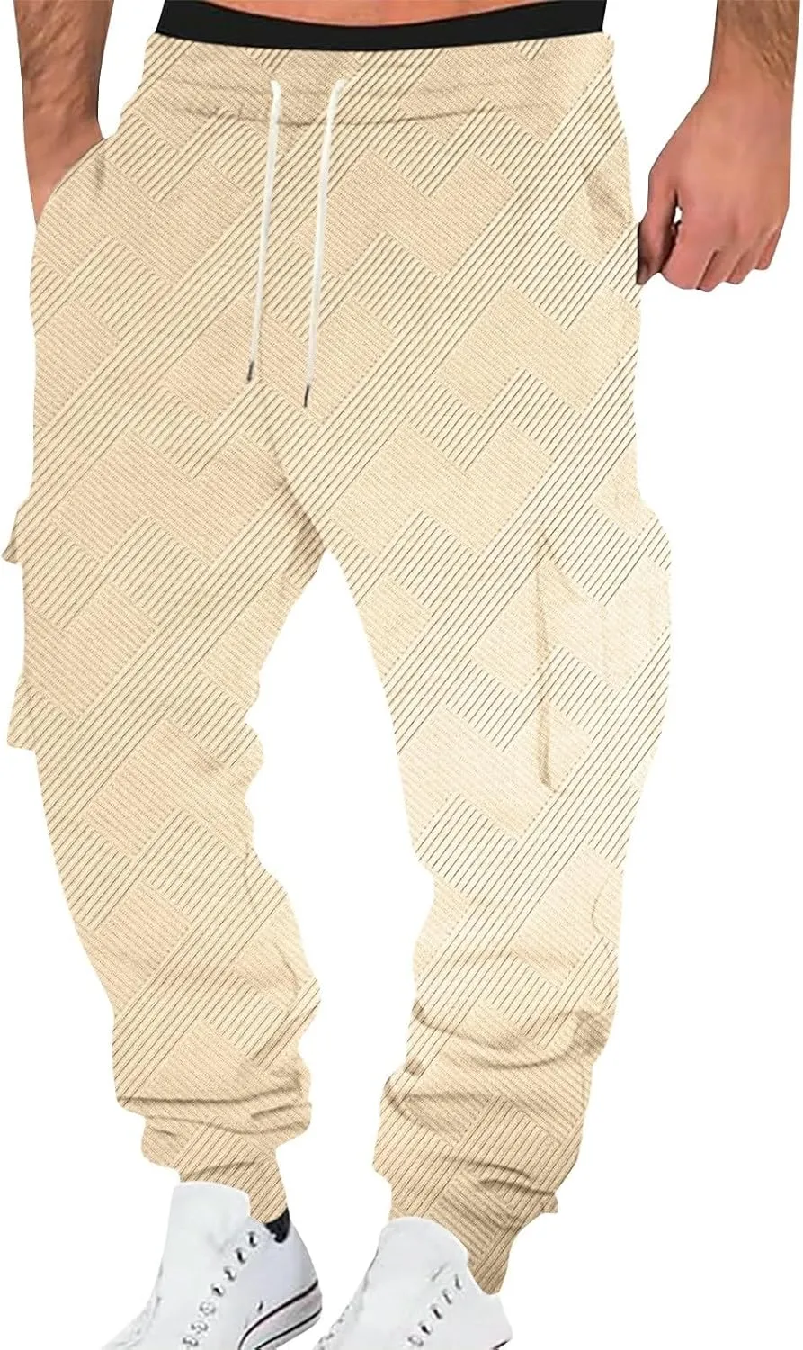 Men's Running Cargo Pants Wide Elastic Waist Pants with Multi-Pocket Relaxed Drawstring Comfy Trousers