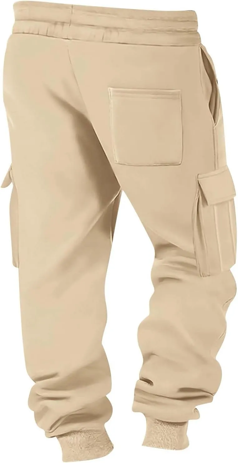Men's Running Cargo Pants Wide Elastic Waist Pants with Multi-Pocket Relaxed Drawstring Comfy Trousers
