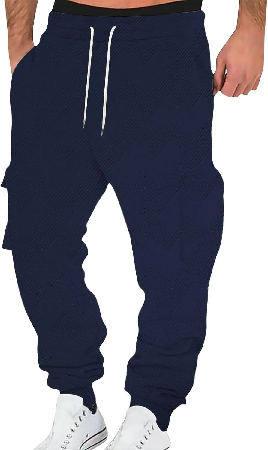 Men's Running Cargo Pants Wide Elastic Waist Pants with Multi-Pocket Relaxed Drawstring Comfy Trousers