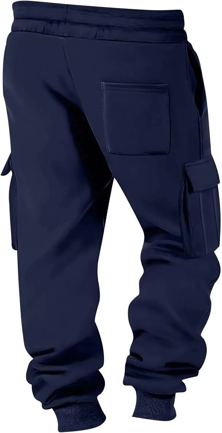 Men's Running Cargo Pants Wide Elastic Waist Pants with Multi-Pocket Relaxed Drawstring Comfy Trousers