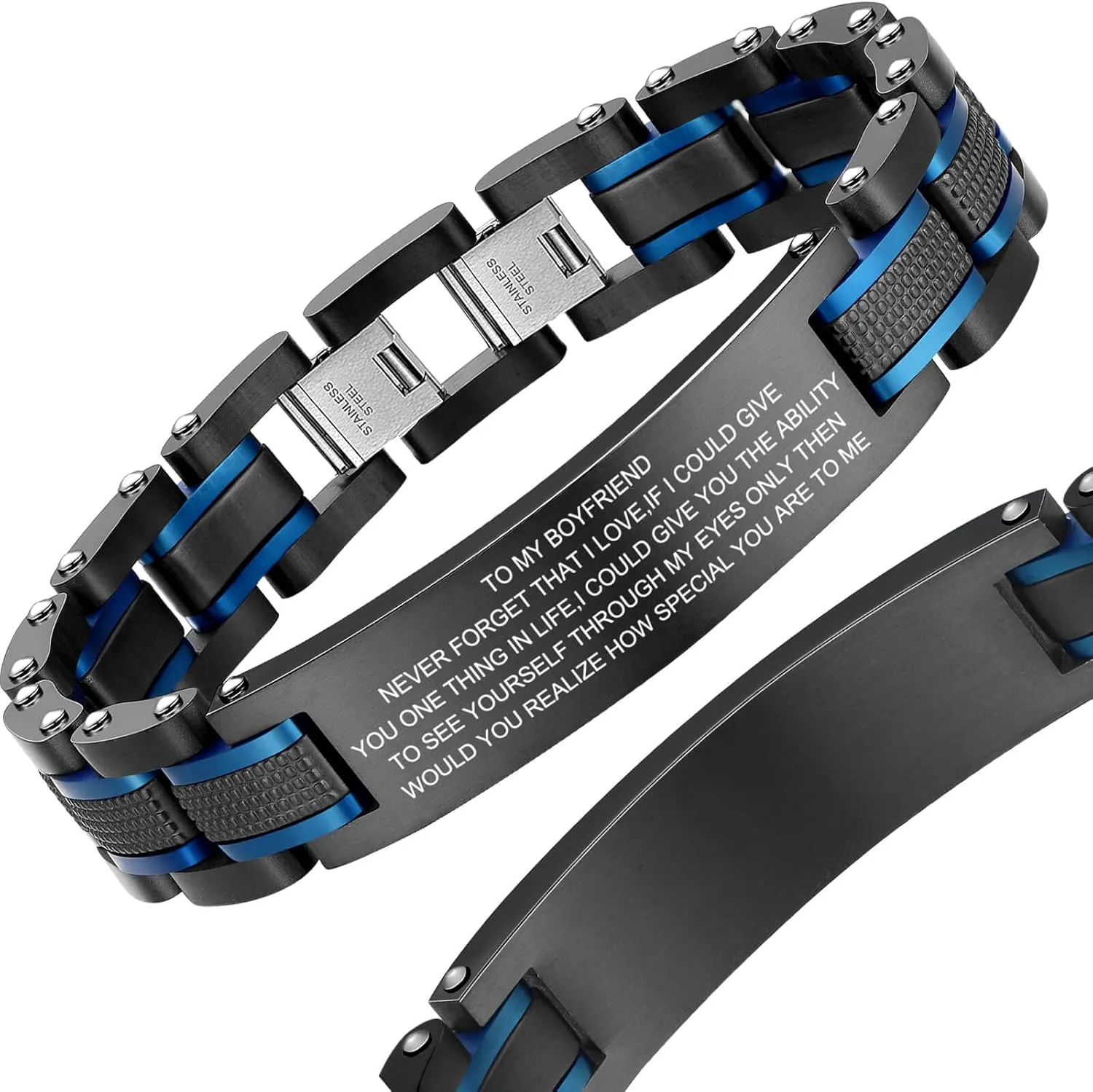 Men's Stainless Steel Two-Tone Square Link diamond Bracelet in Black & Blue Ion-Plated Black