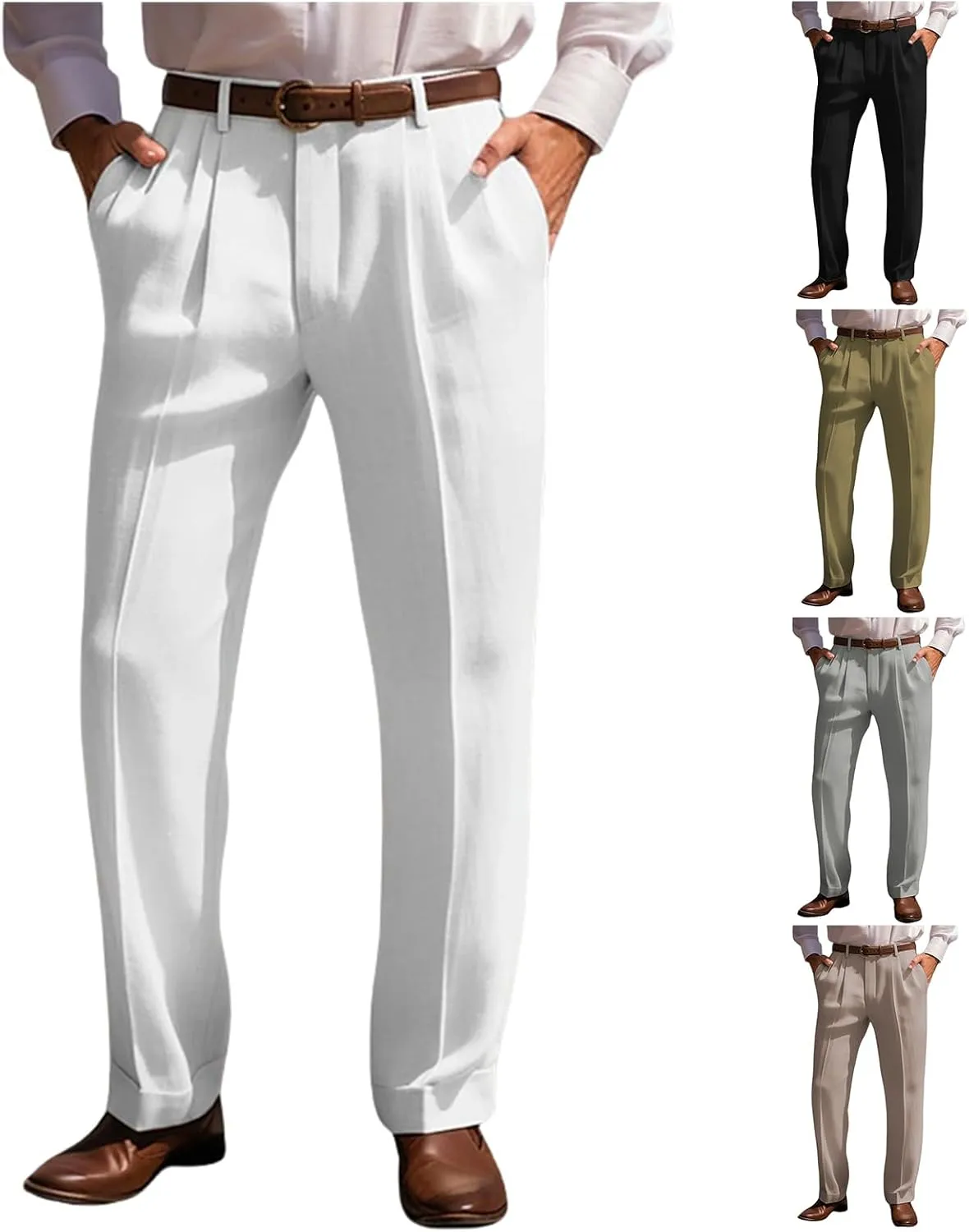 Men's Summer Linen Pants Pleated Straight Plain Comfortable Breathable Casual Pants with Front Pocket