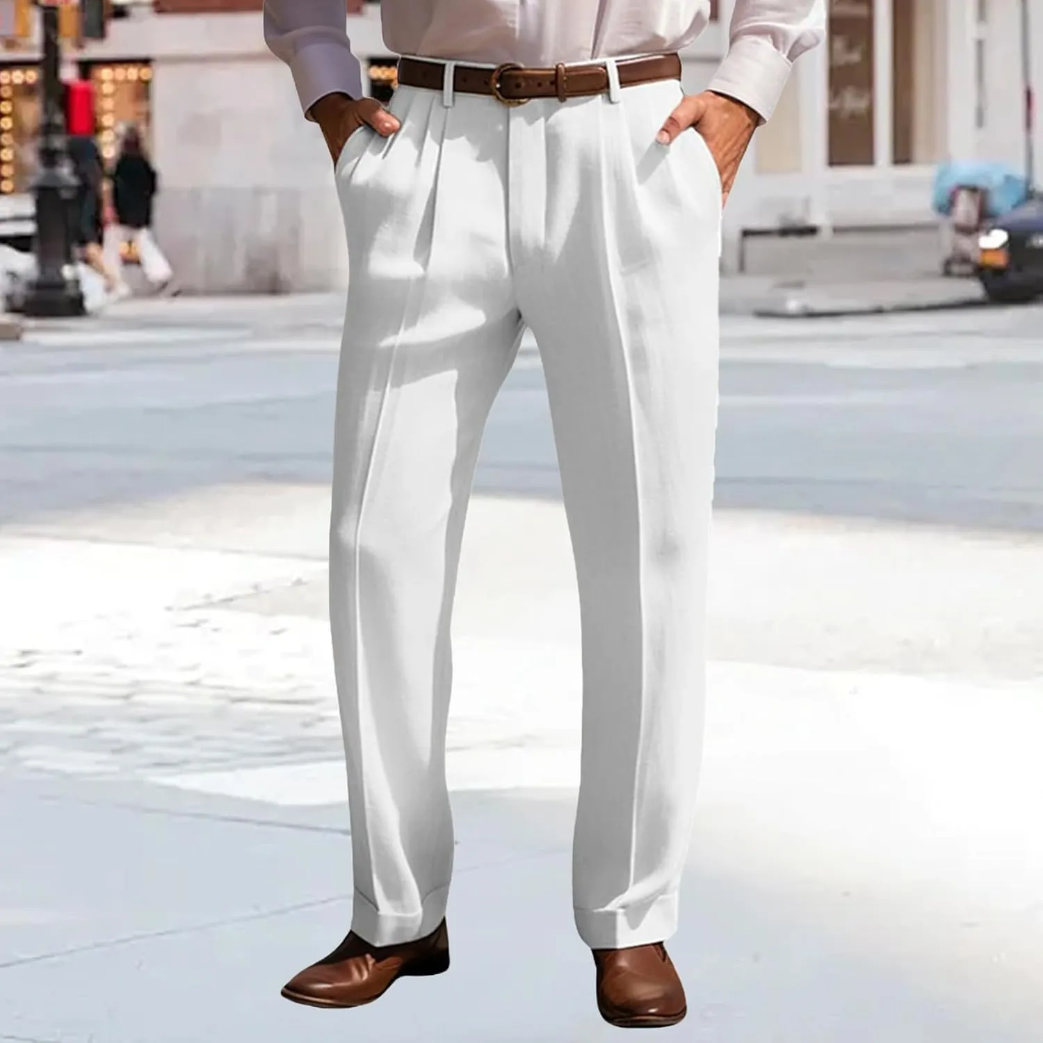 Men's Summer Linen Pants Pleated Straight Plain Comfortable Breathable Casual Pants with Front Pocket