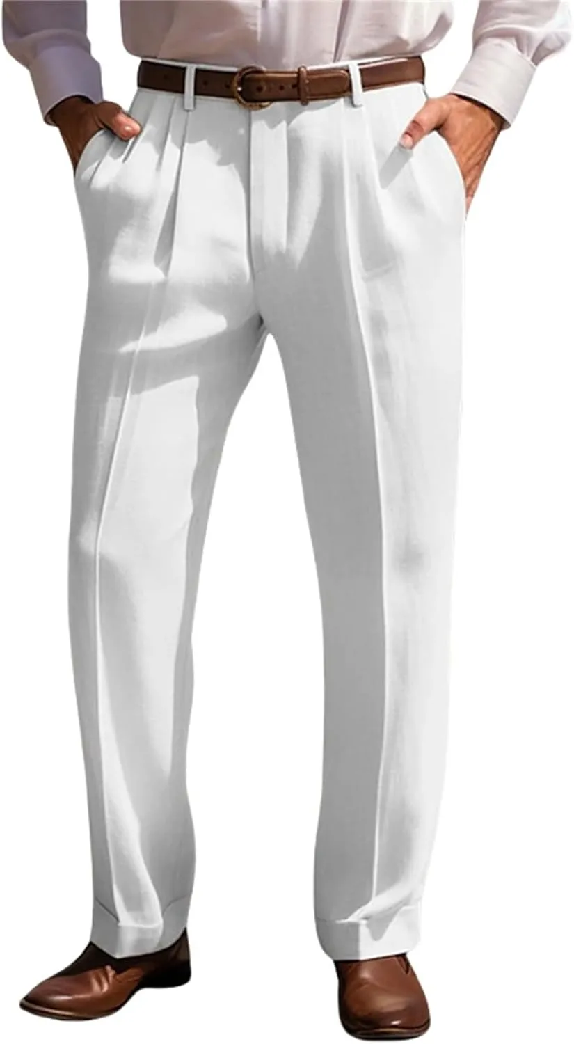Men's Summer Linen Pants Pleated Straight Plain Comfortable Breathable Casual Pants with Front Pocket