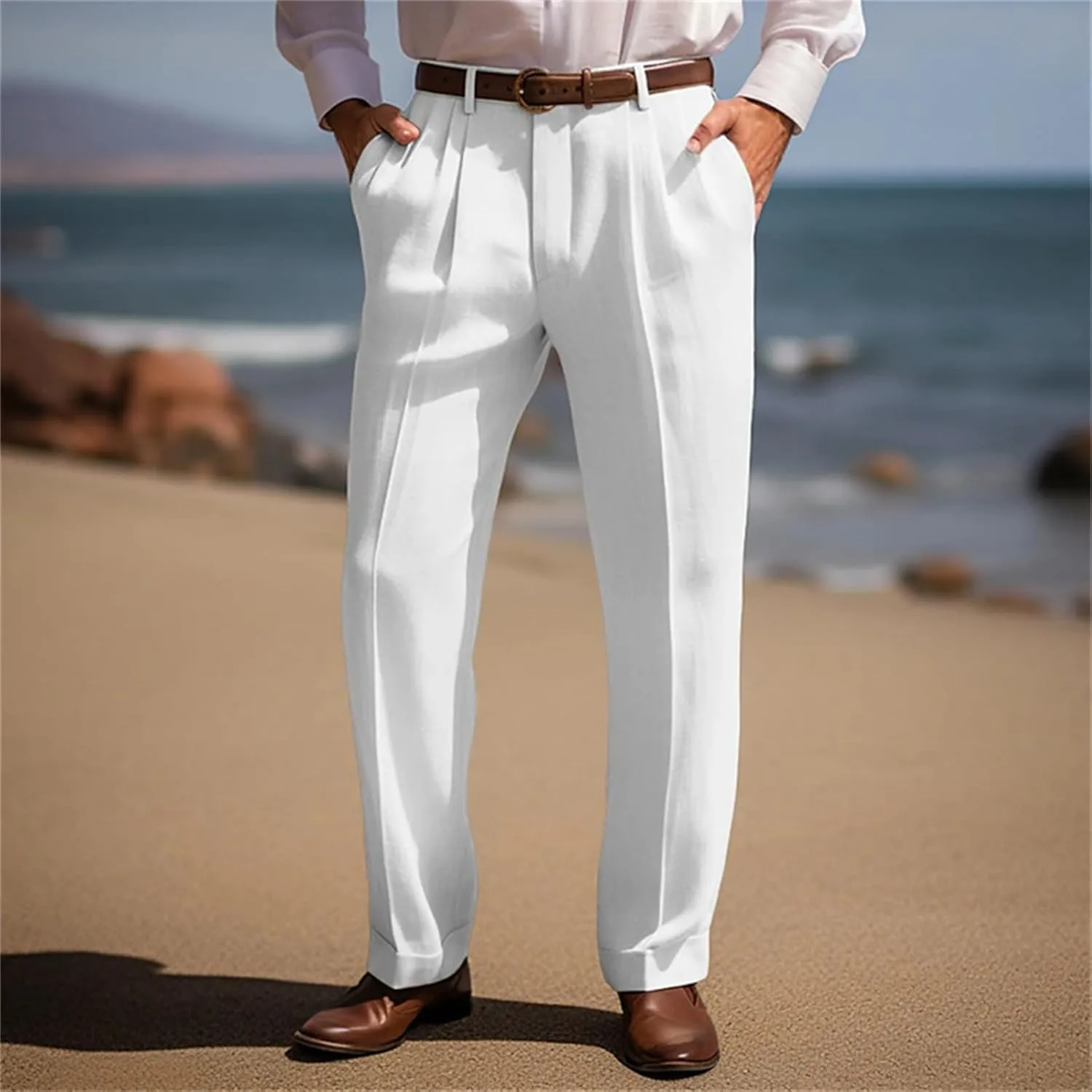 Men's Summer Linen Pants Pleated Straight Plain Comfortable Breathable Casual Pants with Front Pocket
