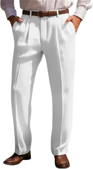Men's Summer Linen Pants Pleated Straight Plain Comfortable Breathable Casual Pants with Front Pocket