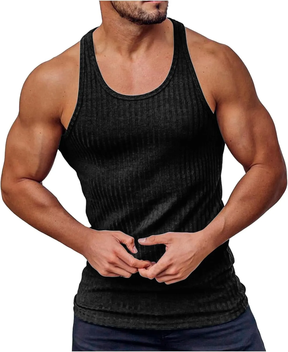 Mens Tank Tops Summer Solid Color Knitted Vertical Stripe Fitness Sports Tank Shirts
