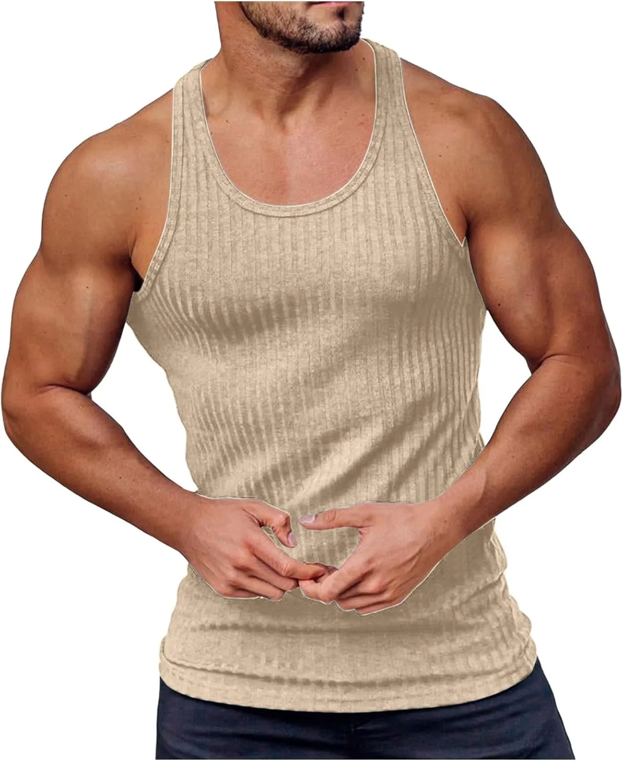 Mens Tank Tops Summer Solid Color Knitted Vertical Stripe Fitness Sports Tank Shirts