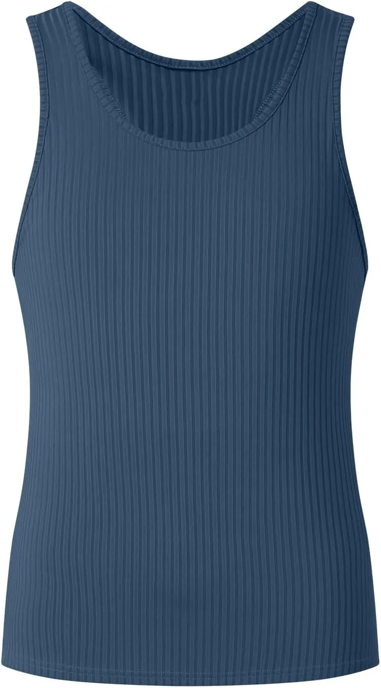 Mens Tank Tops Summer Solid Color Knitted Vertical Stripe Fitness Sports Tank Shirts