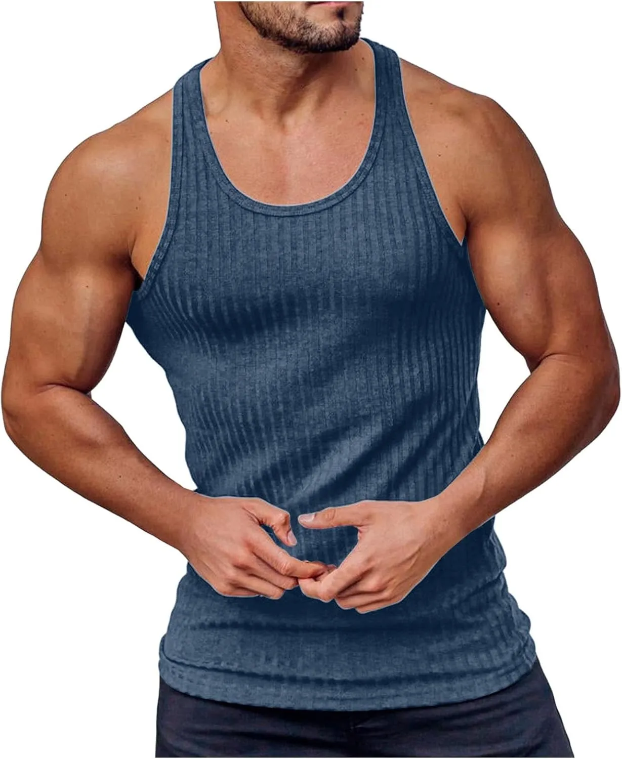 Mens Tank Tops Summer Solid Color Knitted Vertical Stripe Fitness Sports Tank Shirts