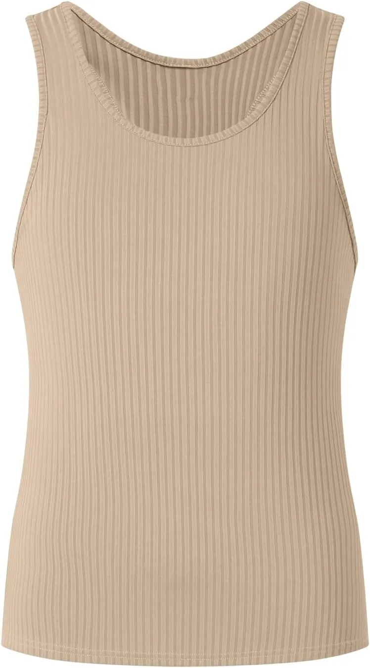 Mens Tank Tops Summer Solid Color Knitted Vertical Stripe Fitness Sports Tank Shirts