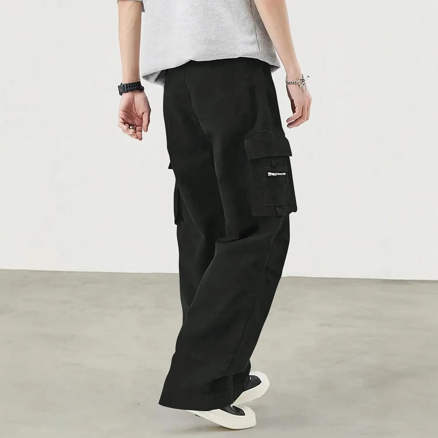 Mens Travel Cargo Pants Casual Elastic Waist Pants with Multi-Pocket Relaxed Drawstring Comfy Trousers