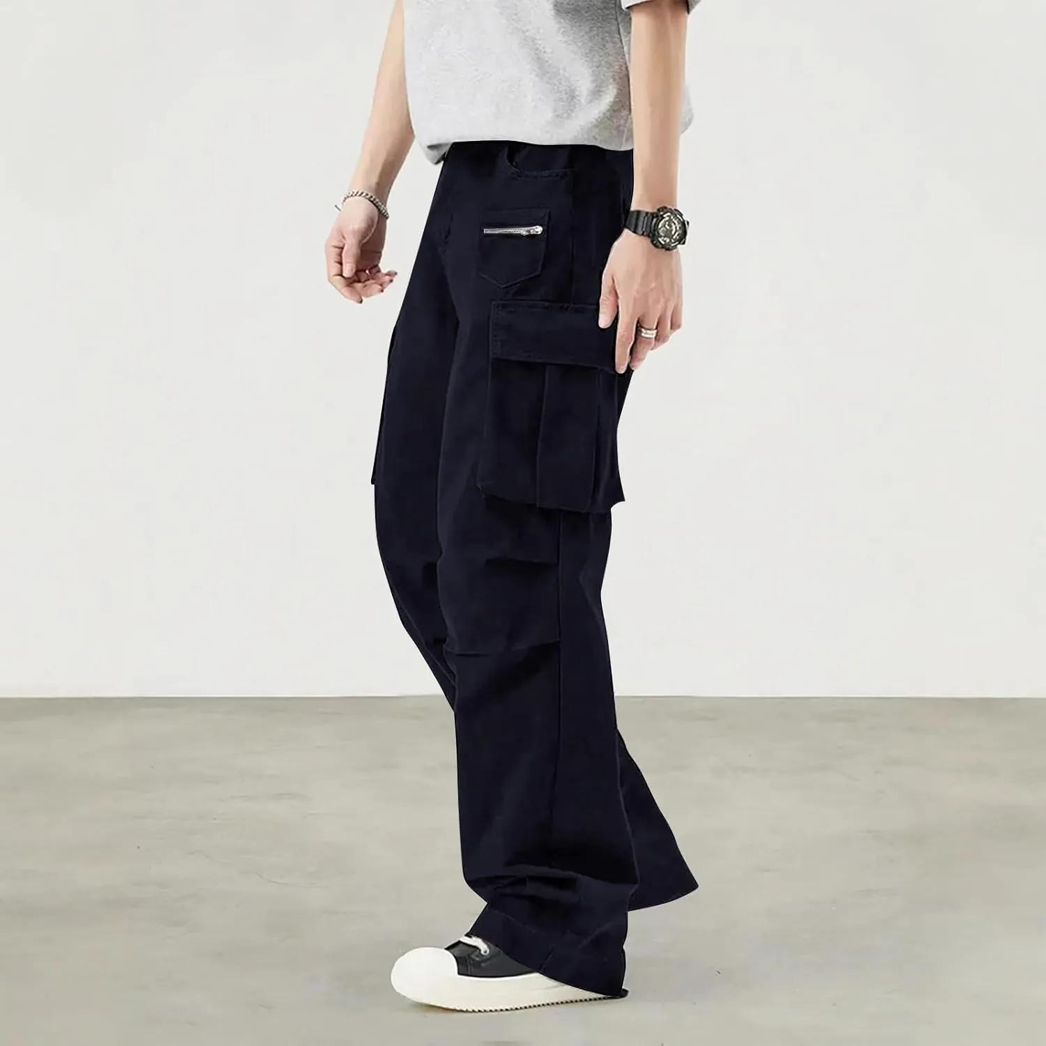 Mens Travel Cargo Pants Casual Elastic Waist Pants with Multi-Pocket Relaxed Drawstring Comfy Trousers