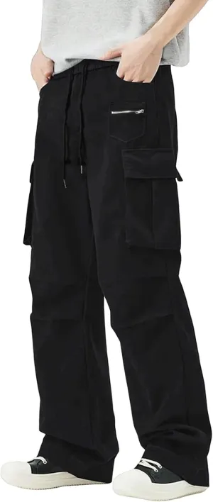 Mens Travel Cargo Pants Casual Elastic Waist Pants with Multi-Pocket Relaxed Drawstring Comfy Trousers