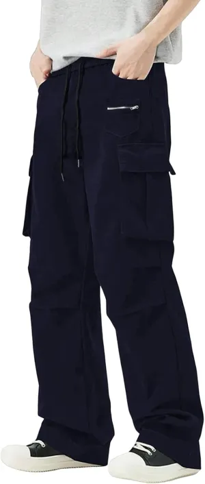 Mens Travel Cargo Pants Casual Elastic Waist Pants with Multi-Pocket Relaxed Drawstring Comfy Trousers