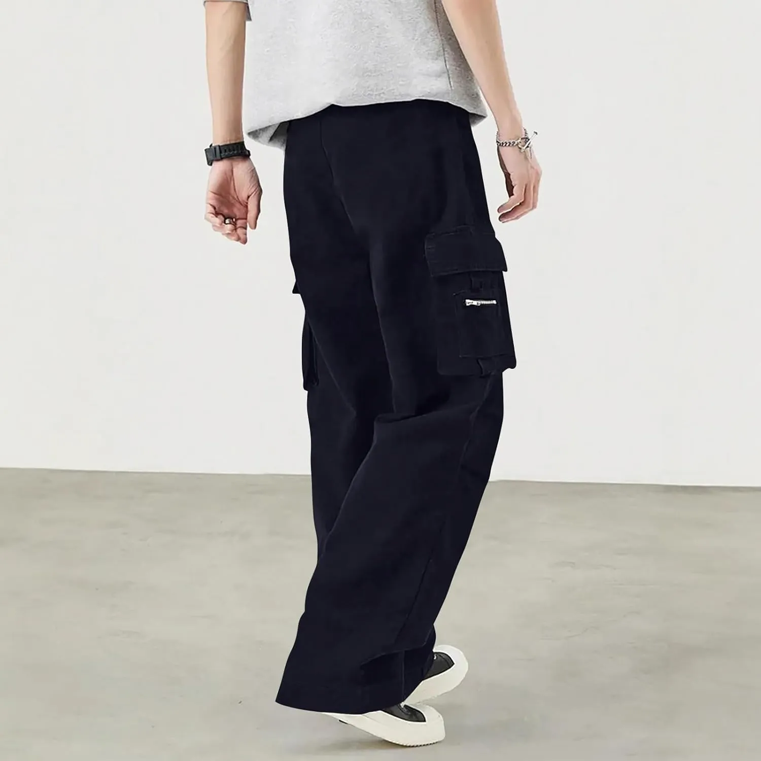 Mens Travel Cargo Pants Casual Elastic Waist Pants with Multi-Pocket Relaxed Drawstring Comfy Trousers