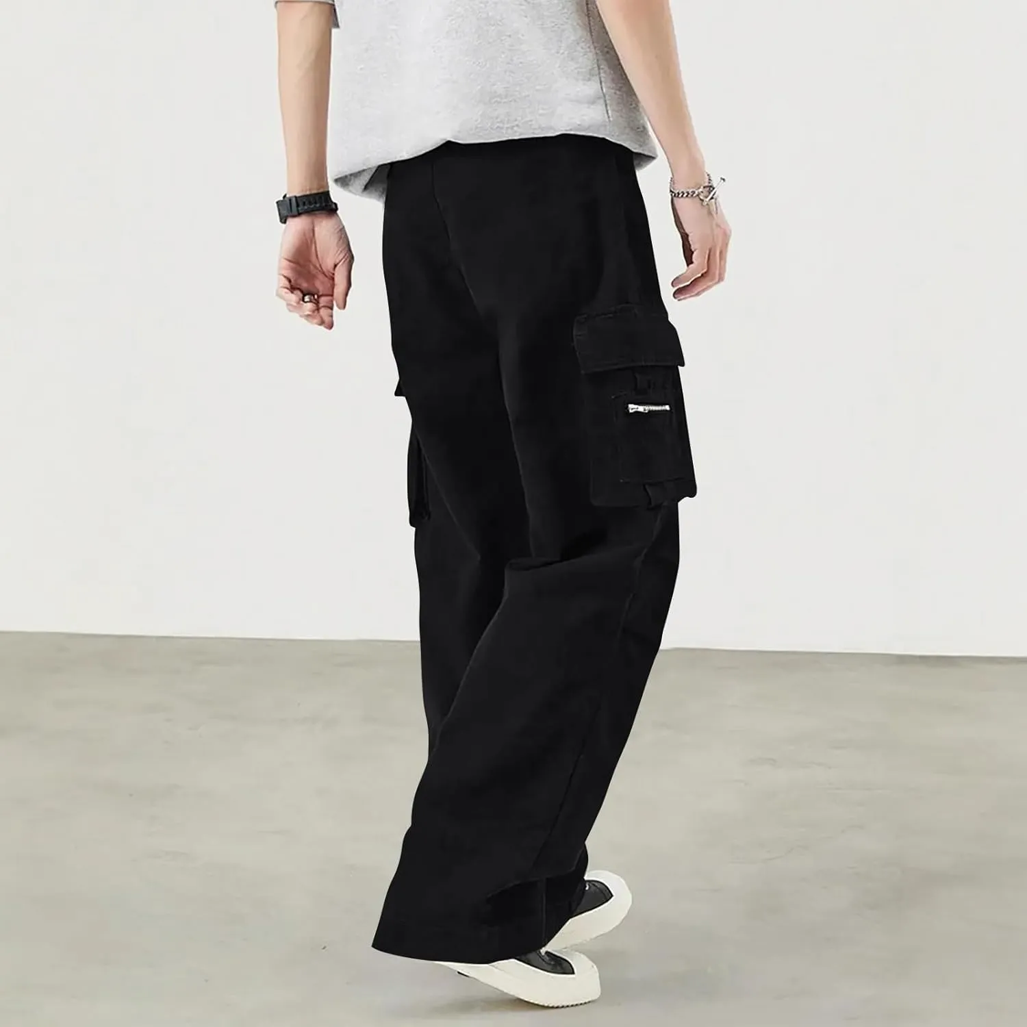 Mens Travel Cargo Pants Casual Elastic Waist Pants with Multi-Pocket Relaxed Drawstring Comfy Trousers
