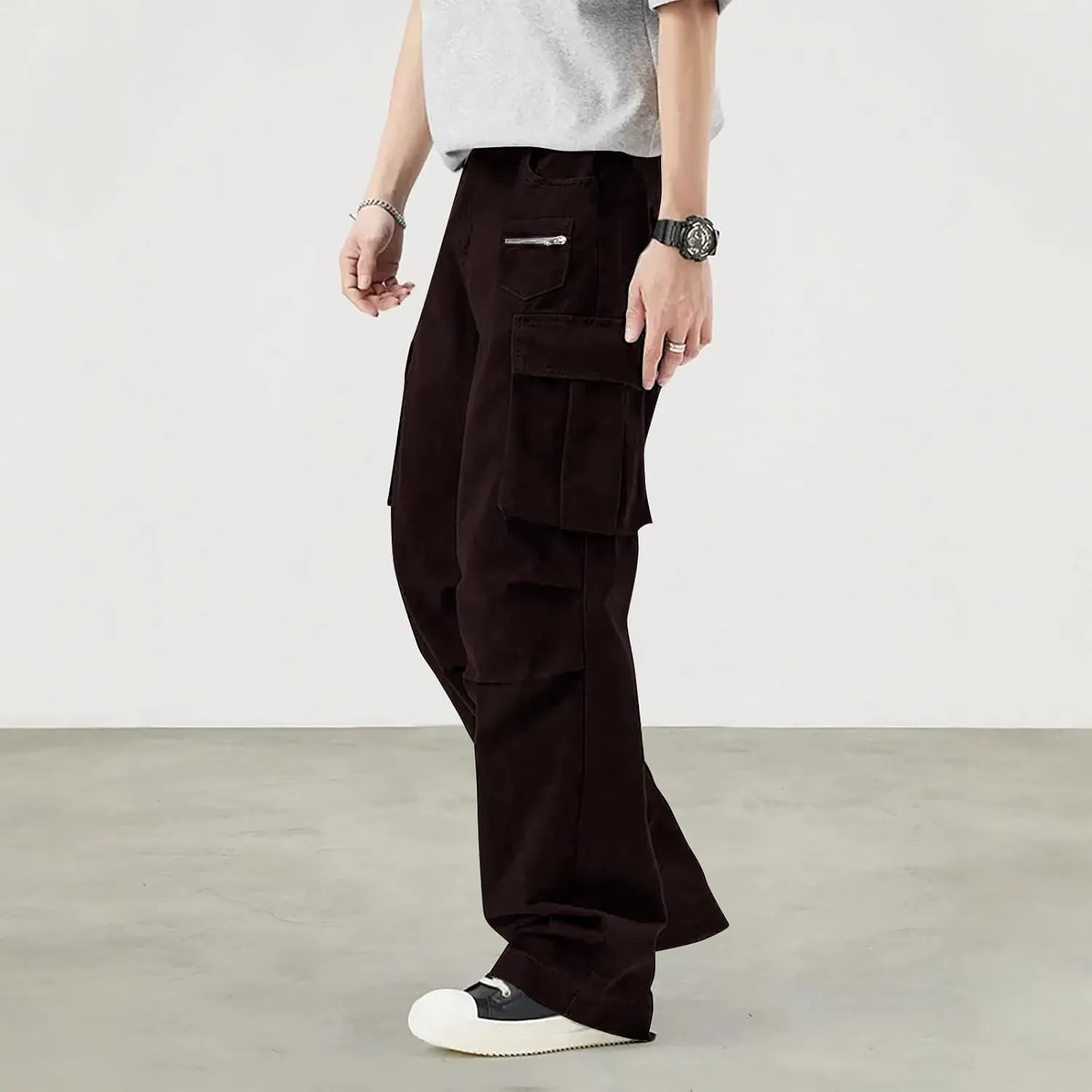 Mens Travel Cargo Pants Casual Elastic Waist Pants with Multi-Pocket Relaxed Drawstring Comfy Trousers