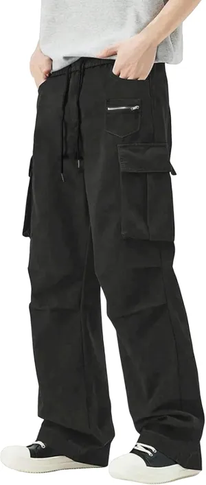 Mens Travel Cargo Pants Casual Elastic Waist Pants with Multi-Pocket Relaxed Drawstring Comfy Trousers