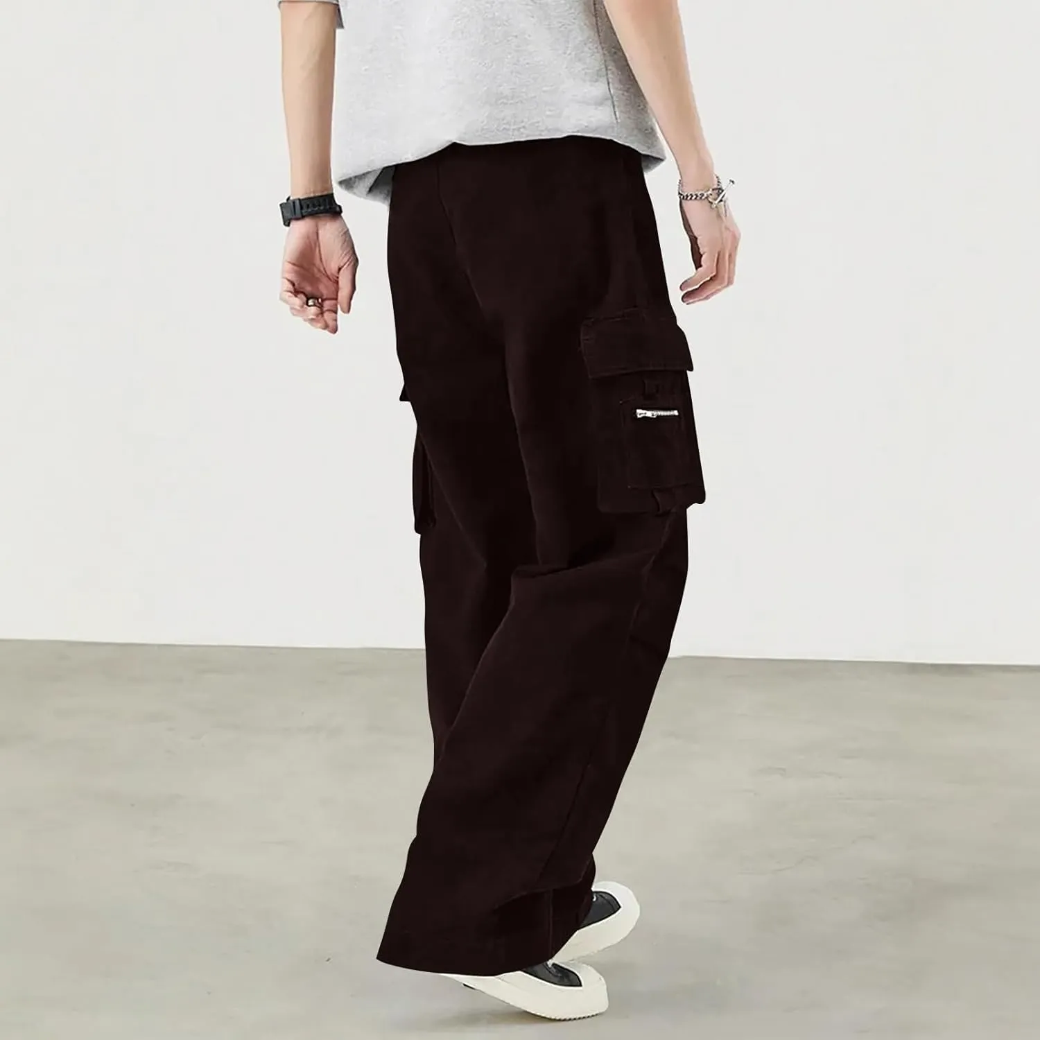Mens Travel Cargo Pants Casual Elastic Waist Pants with Multi-Pocket Relaxed Drawstring Comfy Trousers
