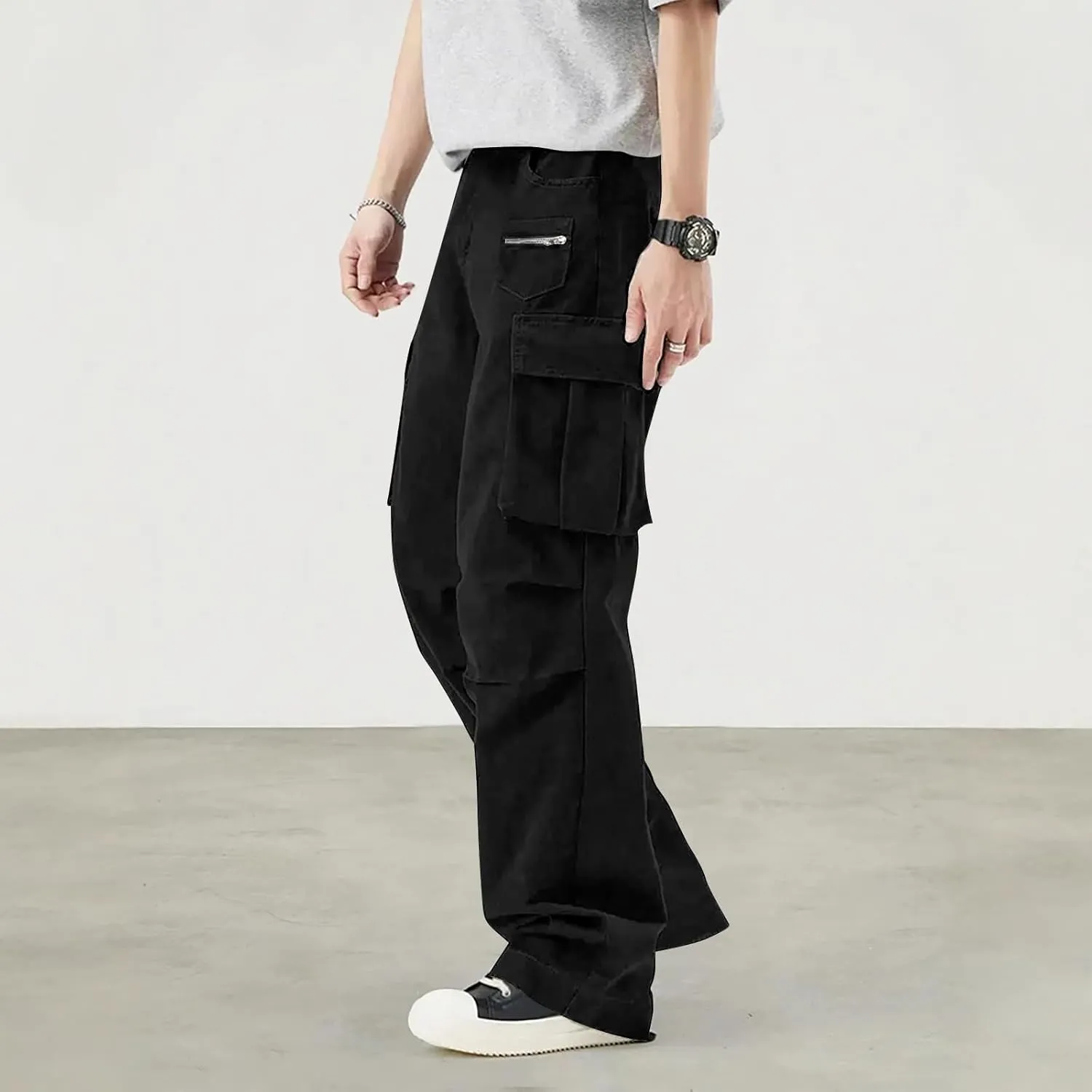 Mens Travel Cargo Pants Casual Elastic Waist Pants with Multi-Pocket Relaxed Drawstring Comfy Trousers