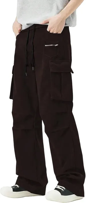 Mens Travel Cargo Pants Casual Elastic Waist Pants with Multi-Pocket Relaxed Drawstring Comfy Trousers