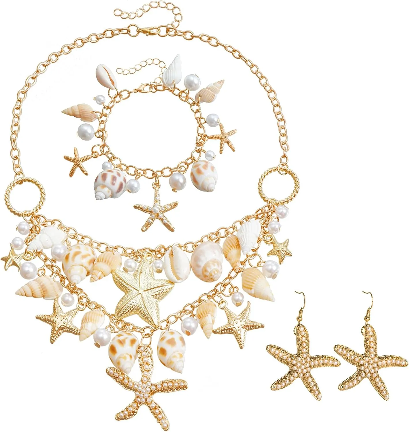 Mermaid Costume Jewelry Set Containing imitation pearl starfish conch shell necklace, bracelet, and earrings Suitable for women Cosplay beach travel beach jewelry