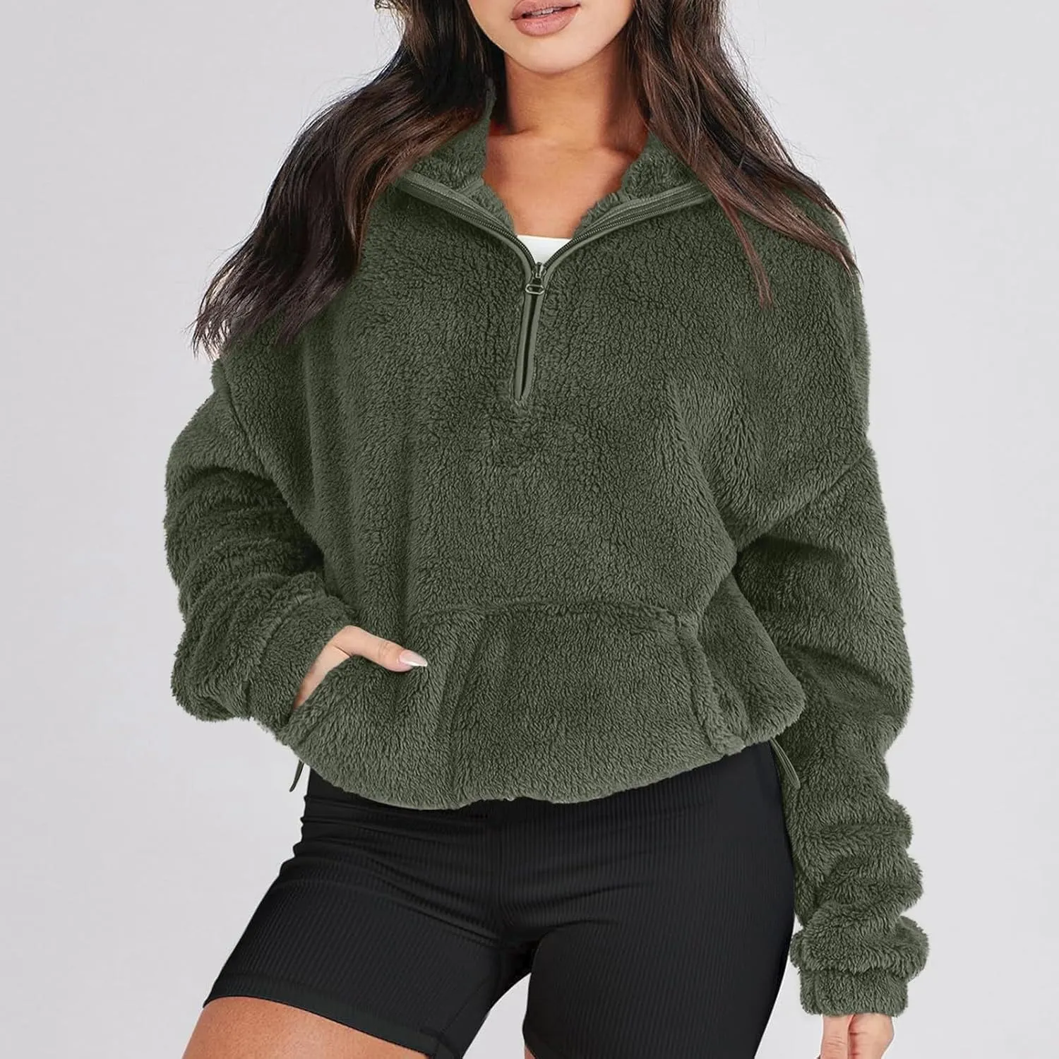 midelxp Womens Sherpa Fleece Half Zip Pullover Sweaters Soft Warm Oversized Sweatshirts Winter Fluffy Sweater with Pocket