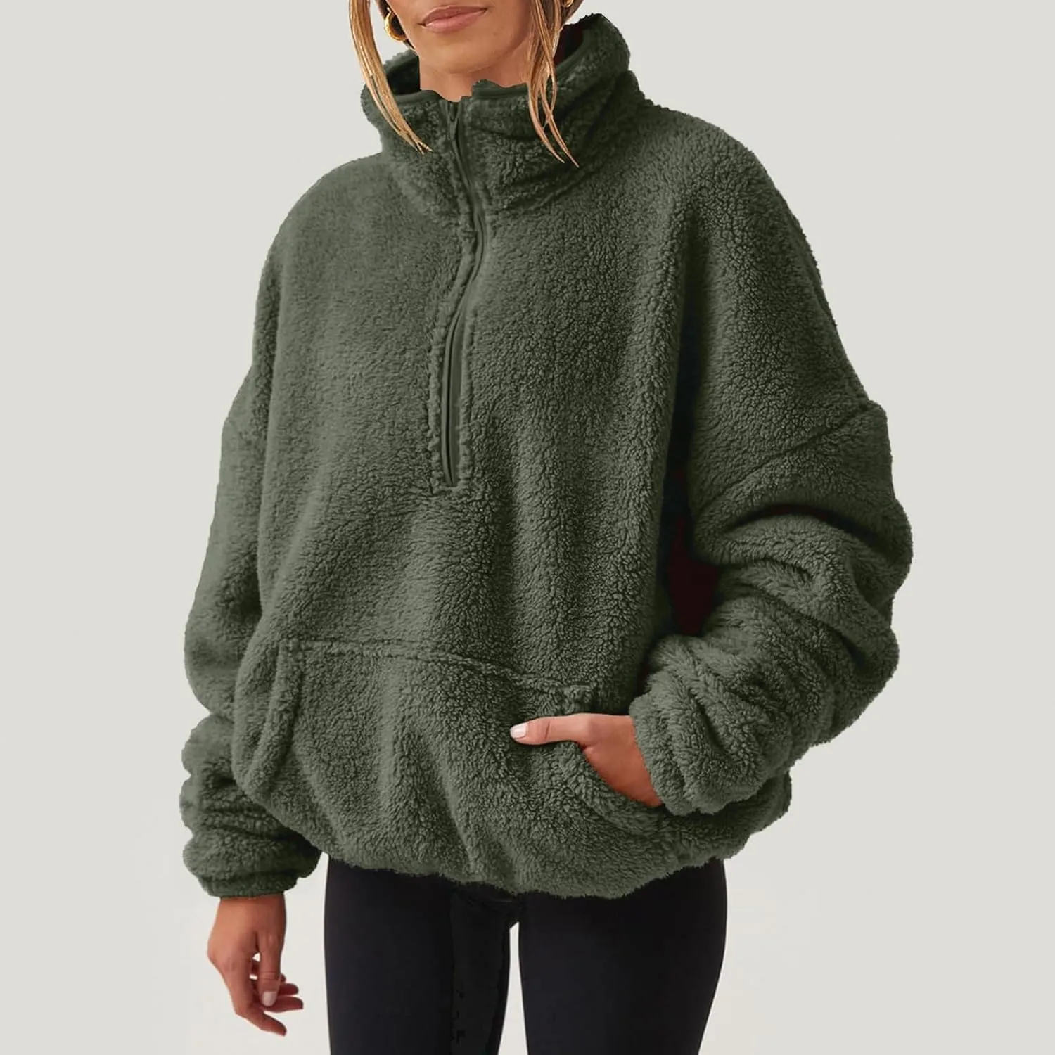 midelxp Womens Sherpa Fleece Half Zip Pullover Sweaters Soft Warm Oversized Sweatshirts Winter Fluffy Sweater with Pocket