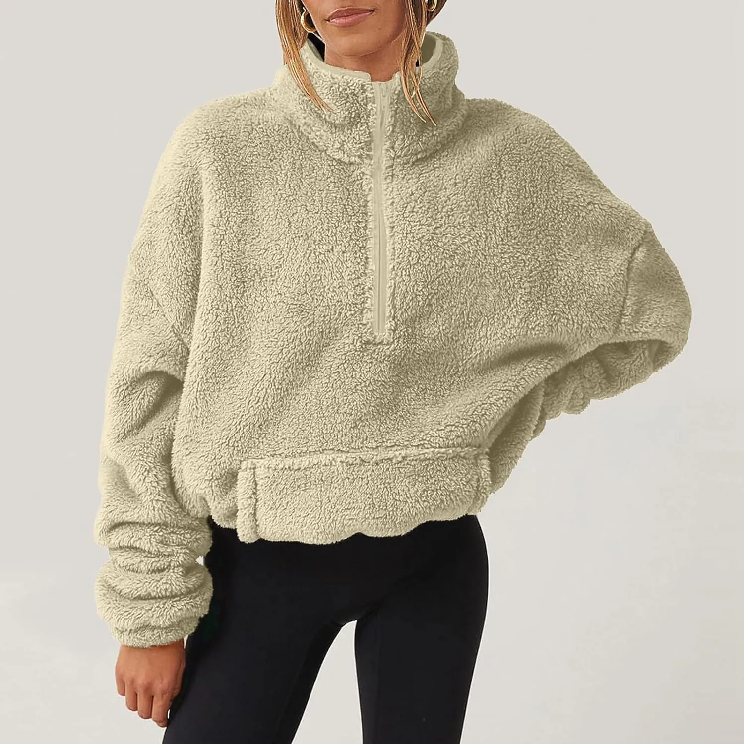 midelxp Womens Sherpa Fleece Half Zip Pullover Sweaters Soft Warm Oversized Sweatshirts Winter Fluffy Sweater with Pocket