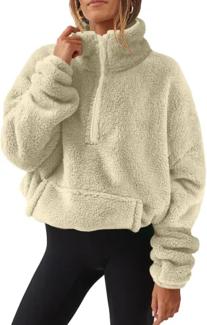 midelxp Womens Sherpa Fleece Half Zip Pullover Sweaters Soft Warm Oversized Sweatshirts Winter Fluffy Sweater with Pocket