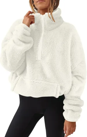 midelxp Womens Sherpa Fleece Half Zip Pullover Sweaters Soft Warm Oversized Sweatshirts Winter Fluffy Sweater with Pocket
