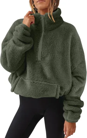 midelxp Womens Sherpa Fleece Half Zip Pullover Sweaters Soft Warm Oversized Sweatshirts Winter Fluffy Sweater with Pocket
