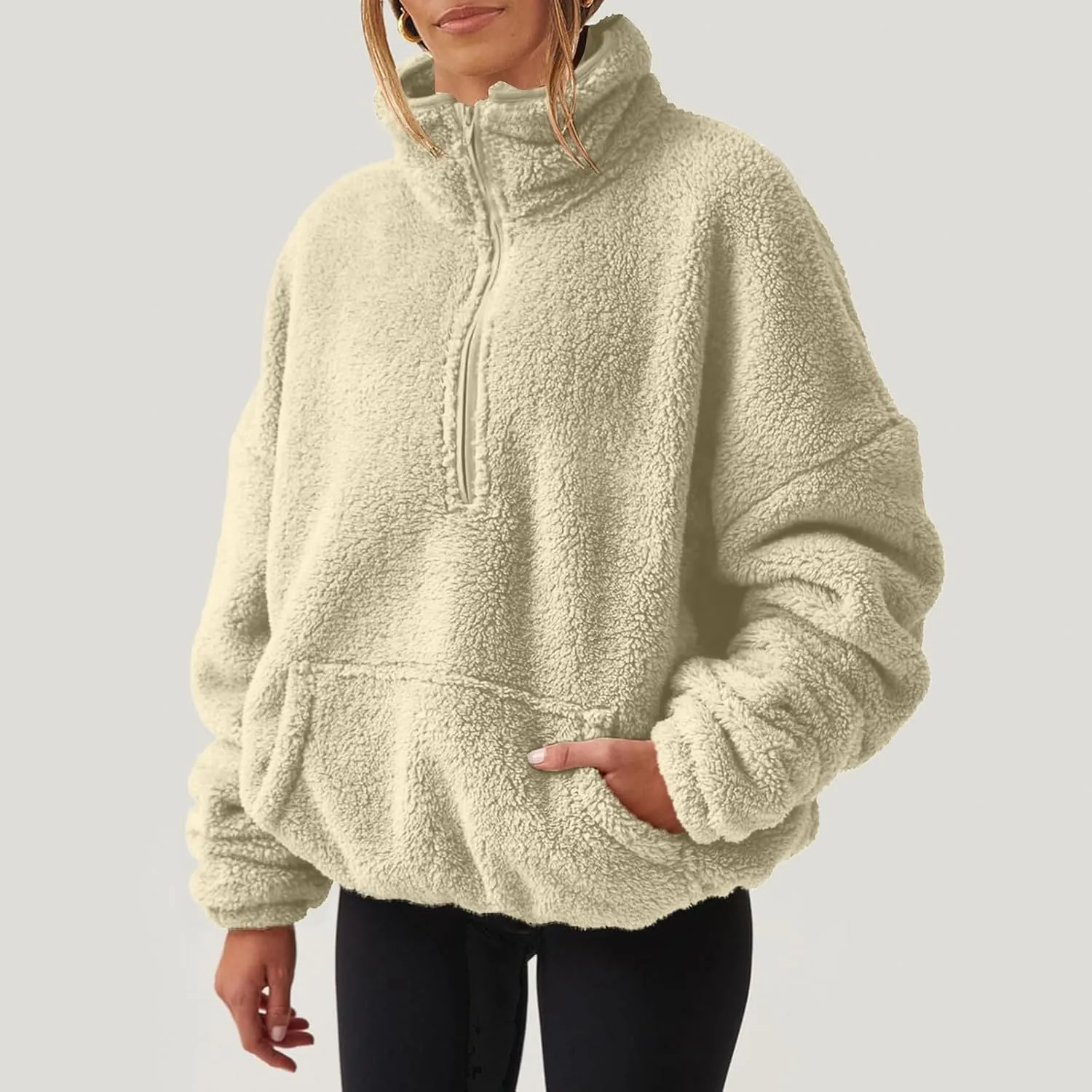 midelxp Womens Sherpa Fleece Half Zip Pullover Sweaters Soft Warm Oversized Sweatshirts Winter Fluffy Sweater with Pocket