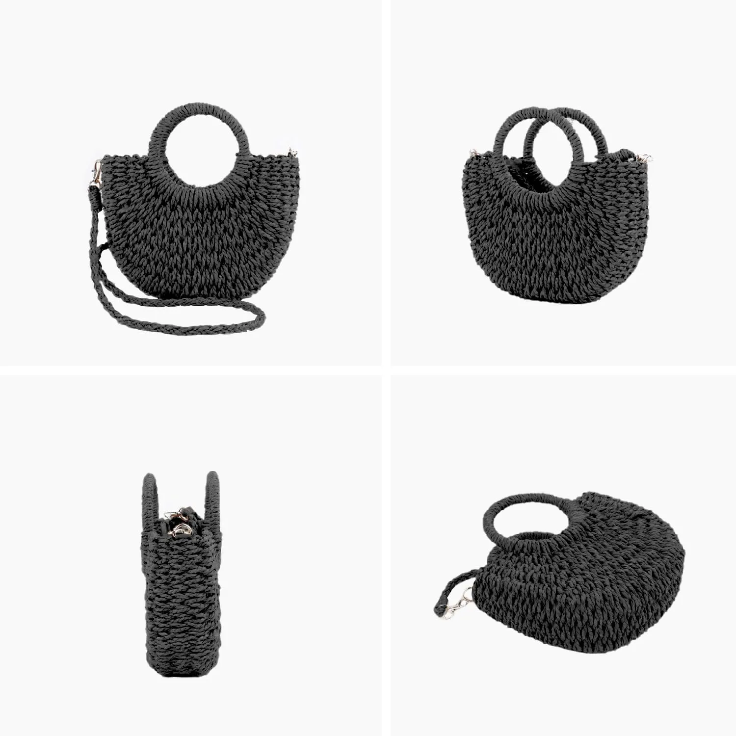 Mini Semi-circle Rattan Straw Bag, Hand-woven Women Summer Retro Beach Tote Shoulder Bag Crossbody Travel Beach Bag