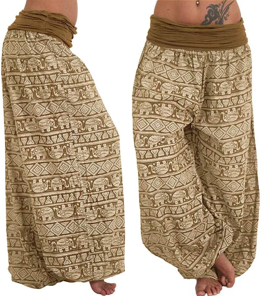 Miyaomn Stylish Boho Print Harem Pants for Women Stretch High Waisted Yoga Lounge Trousers Baggy Hippie Gypsy Casual Joggers