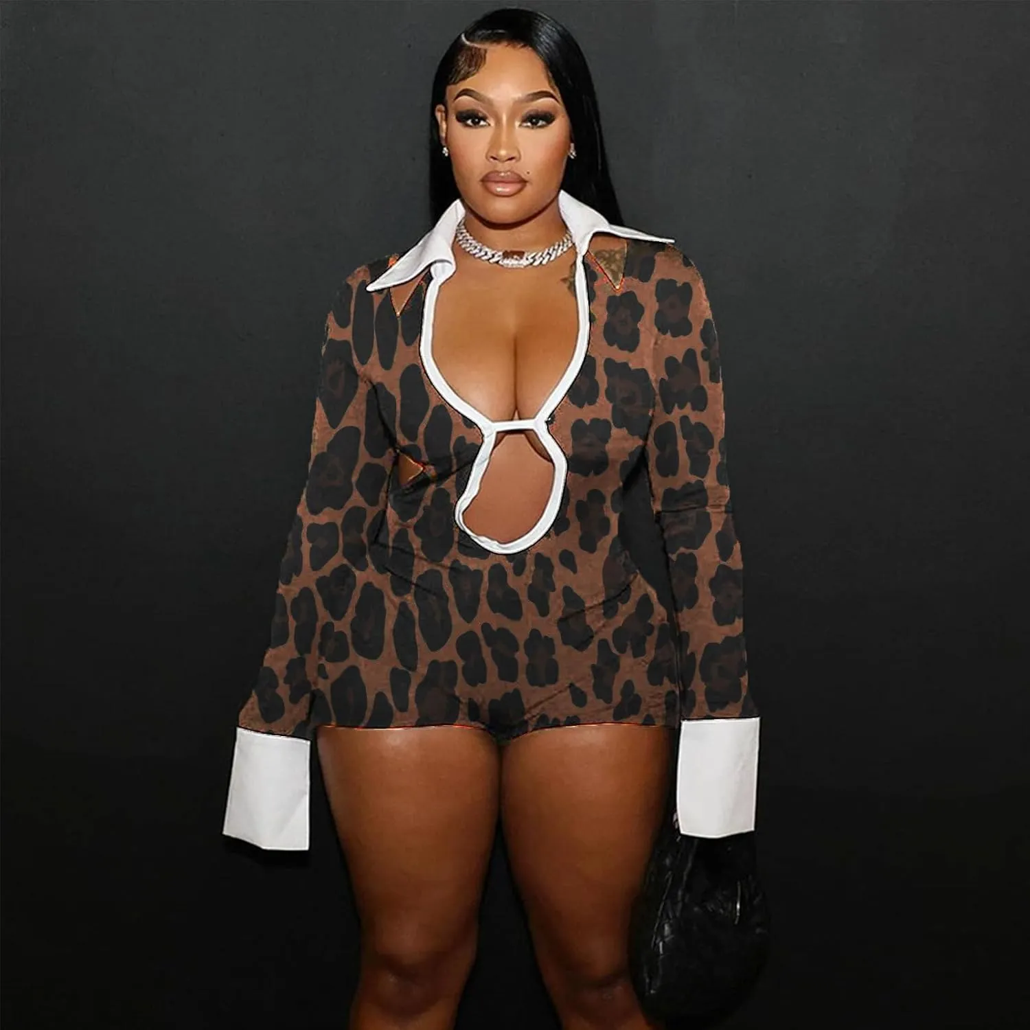 Molilove Women's Sexy Deep V Hollow Out Shirt Collar Long Sleeve Backless Strap Tight Jumpsuit Shorts Clubwear