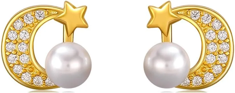 Moon Star Pearl Stud Earrings S925 Sterling Silver Rhinestone Minimalist Cartilage Studs Earrings Elegant Crescent Pearls Tiny Stud Earrings for Women Xmas Hypoallergenic Ear Jewelry