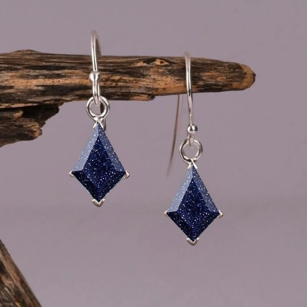 Natural Blue Sandstone Kite Cut Dangle Earrings, Rose Gold Hook, Sparkly Geometric Drop