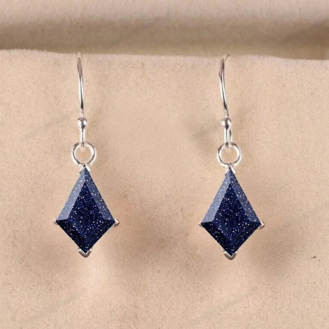 Natural Blue Sandstone Kite Cut Dangle Earrings, Rose Gold Hook, Sparkly Geometric Drop