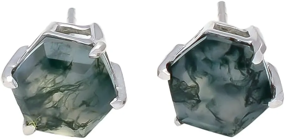 Natural Moss Agate Studs 8mm Hexagon Studs Minimalist Earrings 925 Sterling Silver Studs Post Earrings Moss Agate Jewelry Girls Earrings