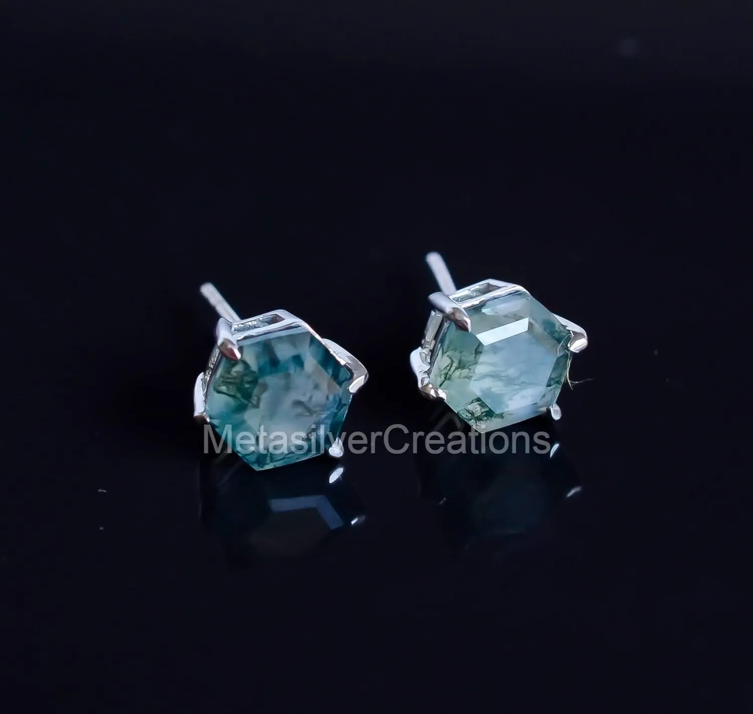 Natural Moss Agate Studs 8mm Hexagon Studs Minimalist Earrings 925 Sterling Silver Studs Post Earrings Moss Agate Jewelry Girls Earrings