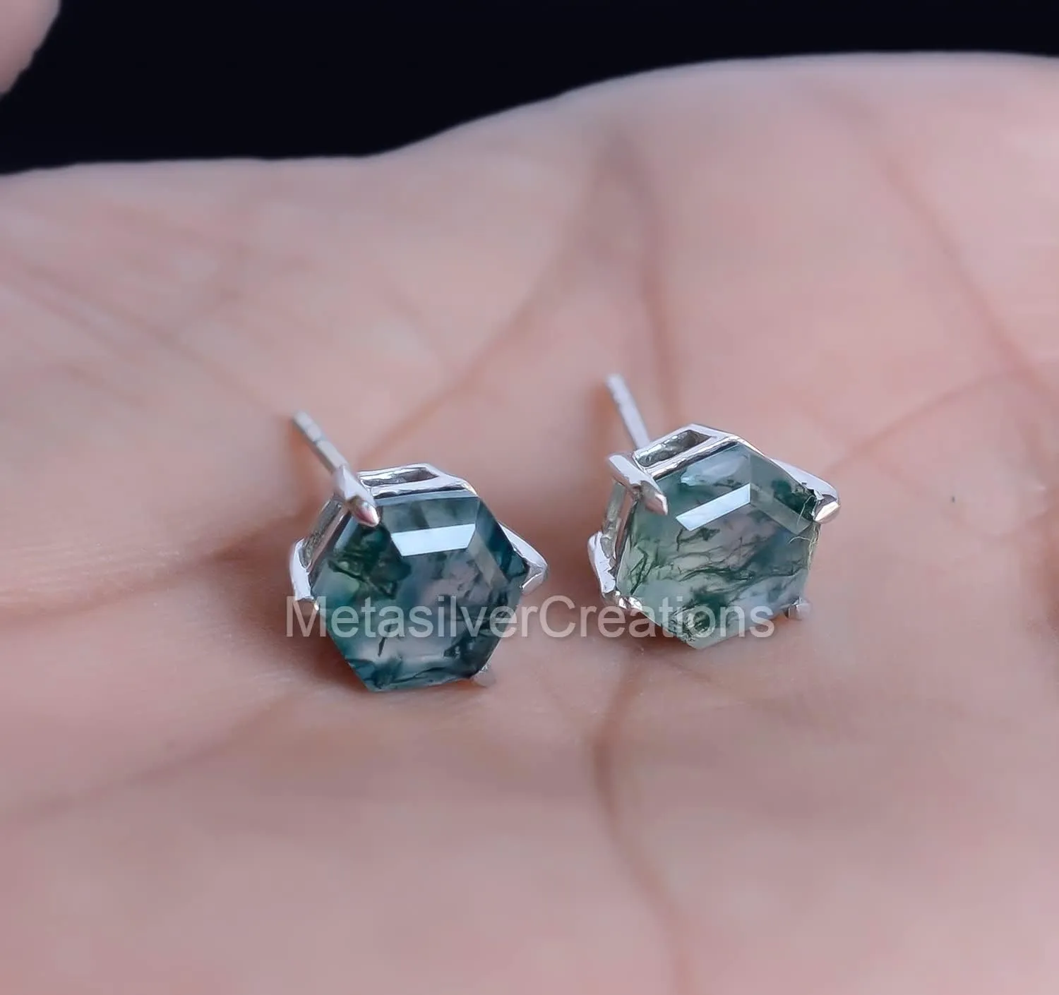 Natural Moss Agate Studs 8mm Hexagon Studs Minimalist Earrings 925 Sterling Silver Studs Post Earrings Moss Agate Jewelry Girls Earrings