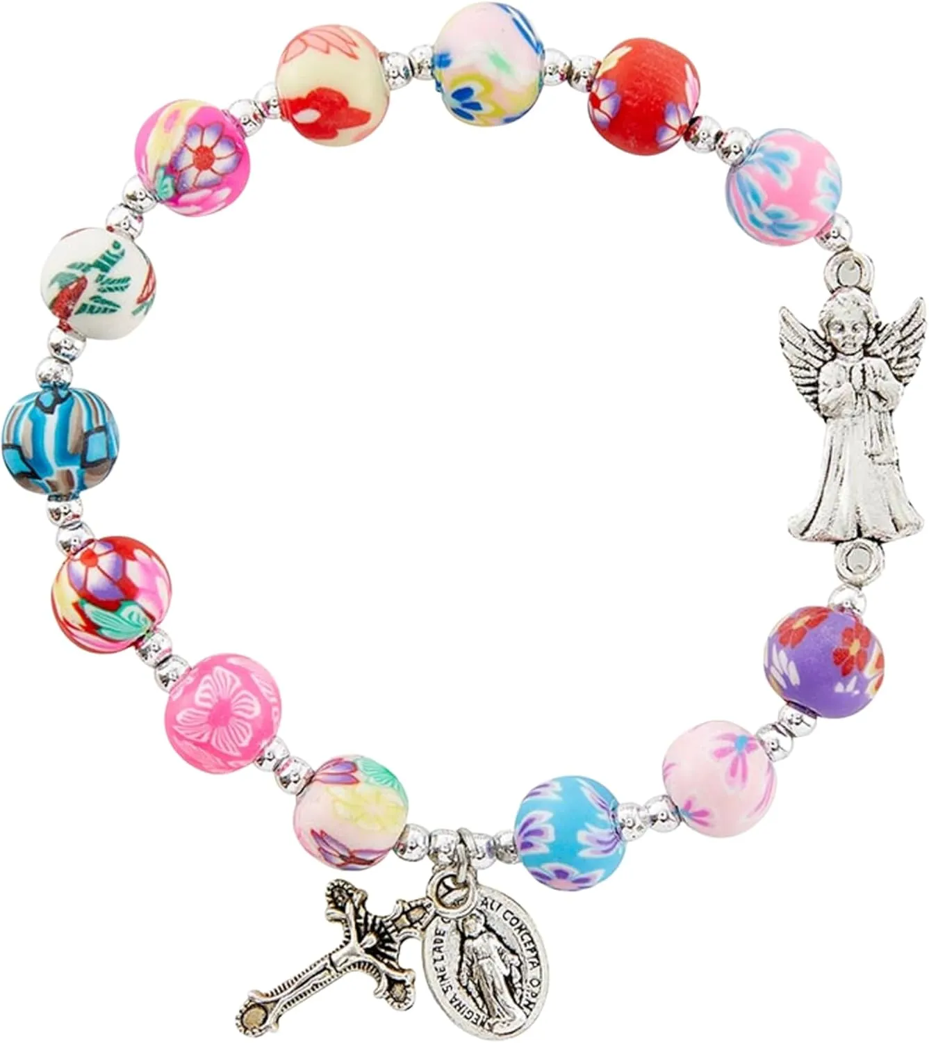 Needzo Colorful Fimo Clay Bead Religious Bracelet with Guardian Angel, Miraculous Medal, and Crucifix Charms, Stretchable, 7.5 Inches