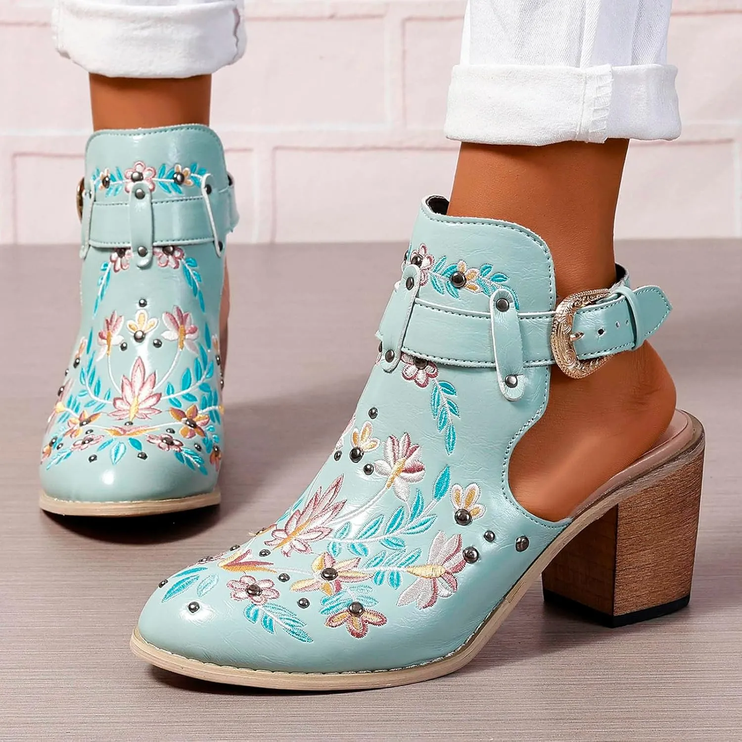 New Europe and The United States Foreign Trade Embroidery Retro High Heeled Shoes Thick with Boots for Women